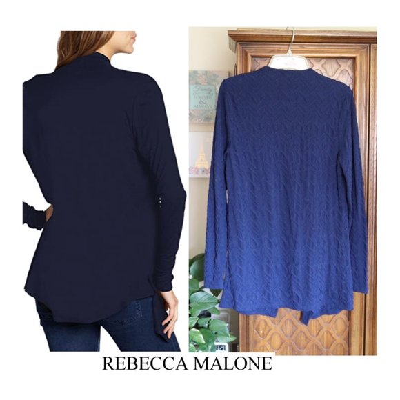 3/$15 Rebecca Malone Textured Knit Drape Front Open Cardigan - Navy - Picture 4 of 15